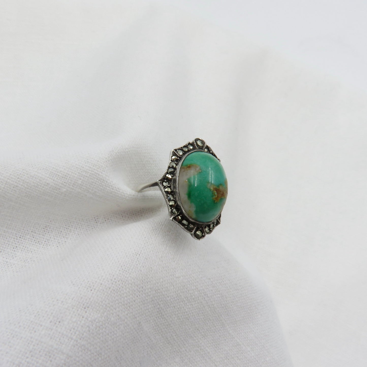 Antique Sterling Silver Turquoise Cabochon and Marcasite Ring