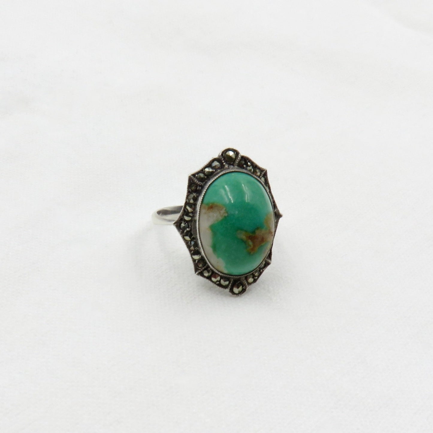 Antique Sterling Silver Turquoise Cabochon and Marcasite Ring