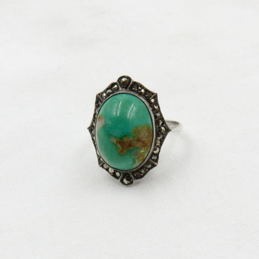 Antique Sterling Silver Turquoise Cabochon and Marcasite Ring