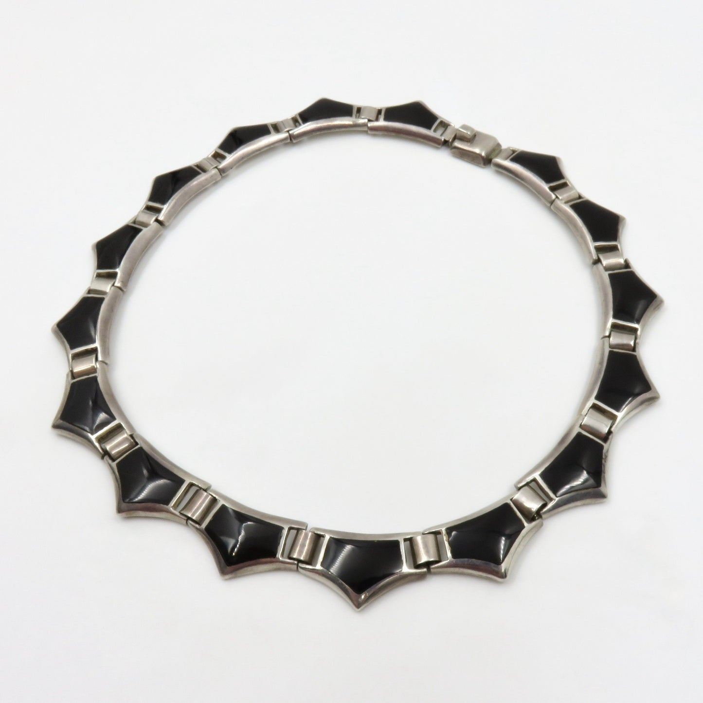 Circa 1970's Made in Mexico Black Onyx and Sterling Hinged Link Necklace