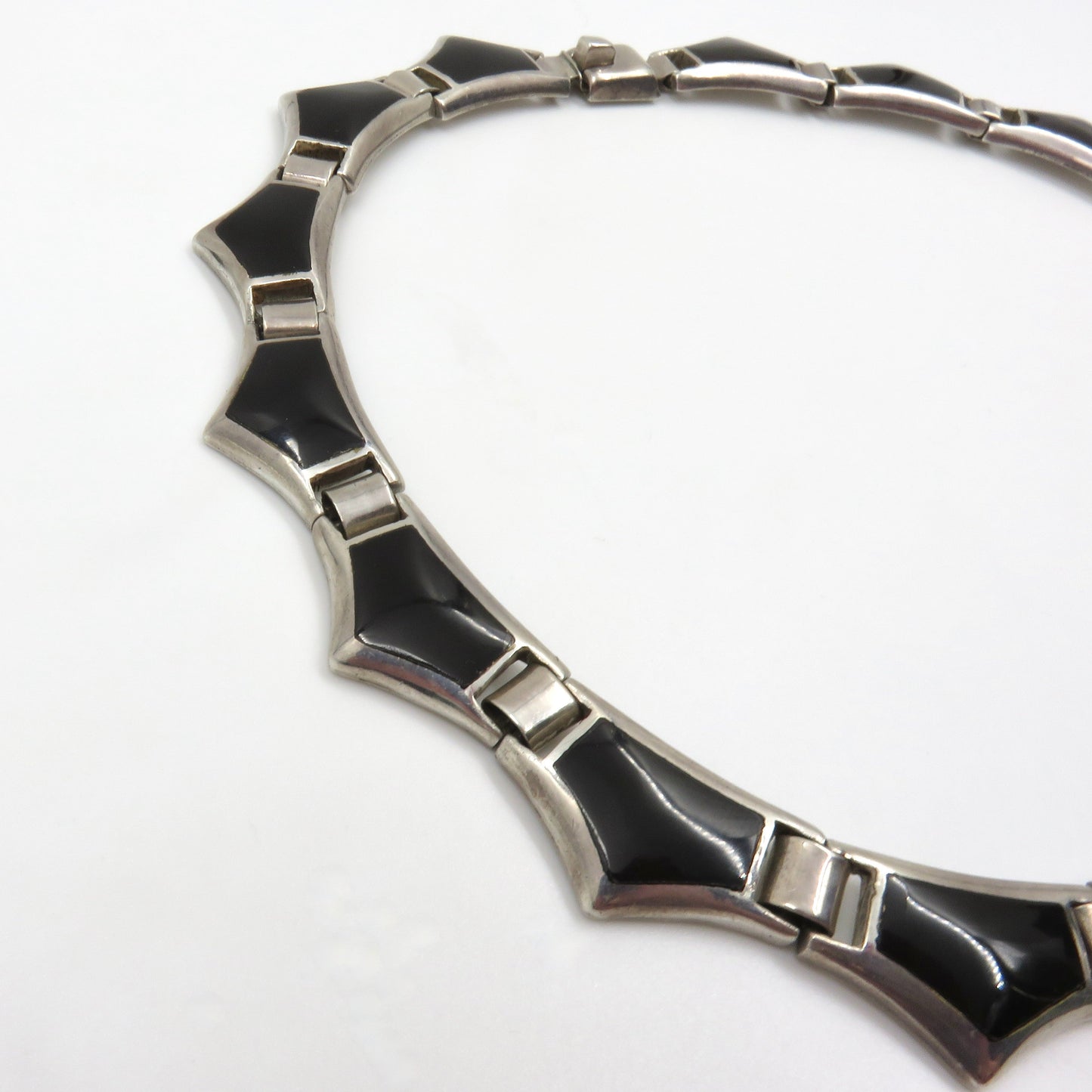 Circa 1970's Made in Mexico Black Onyx and Sterling Hinged Link Necklace