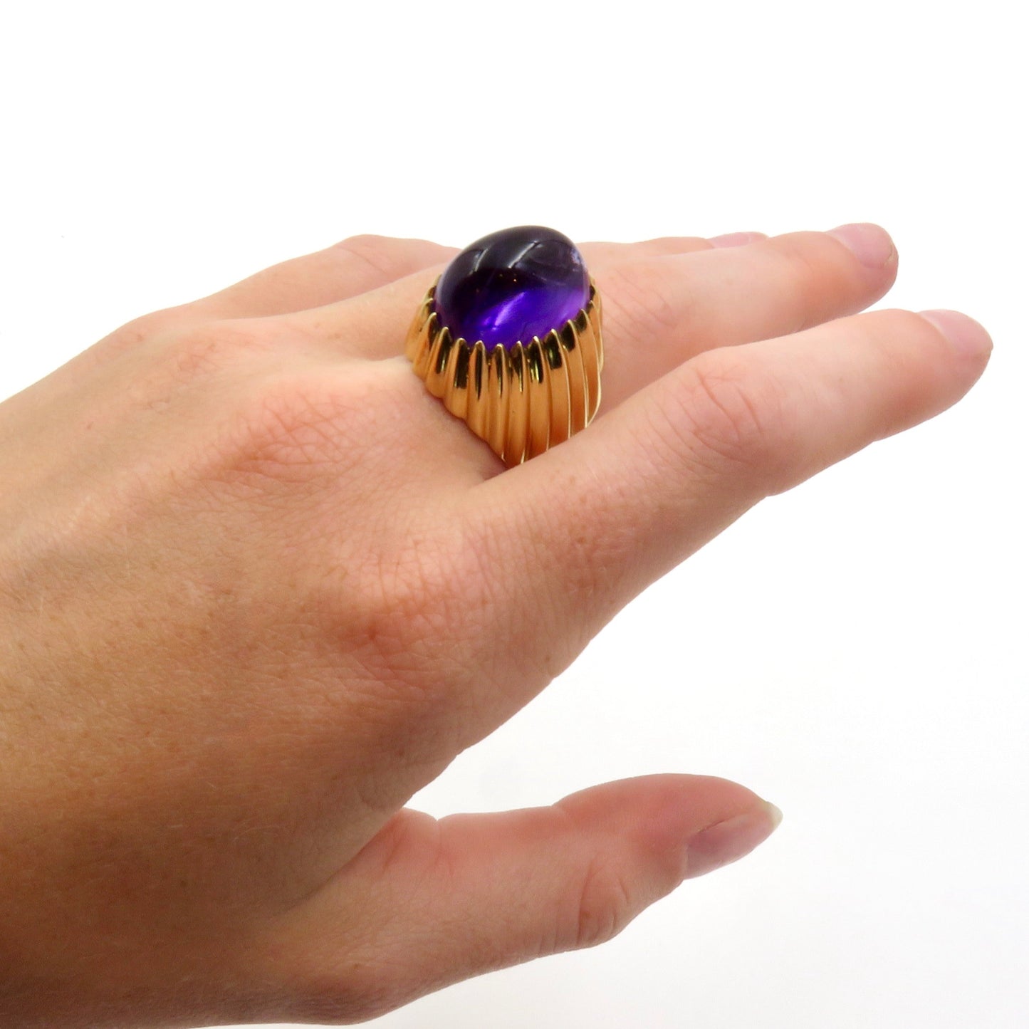 Circa 1970's Oval Cabochon Amethyst Ring In 14KT Yellow Gold Mounting