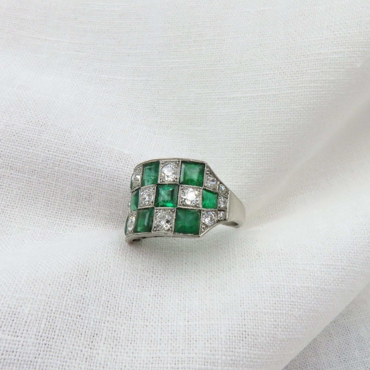 Circa 1930. Platinum Emerald Beryl and Diamond Ring