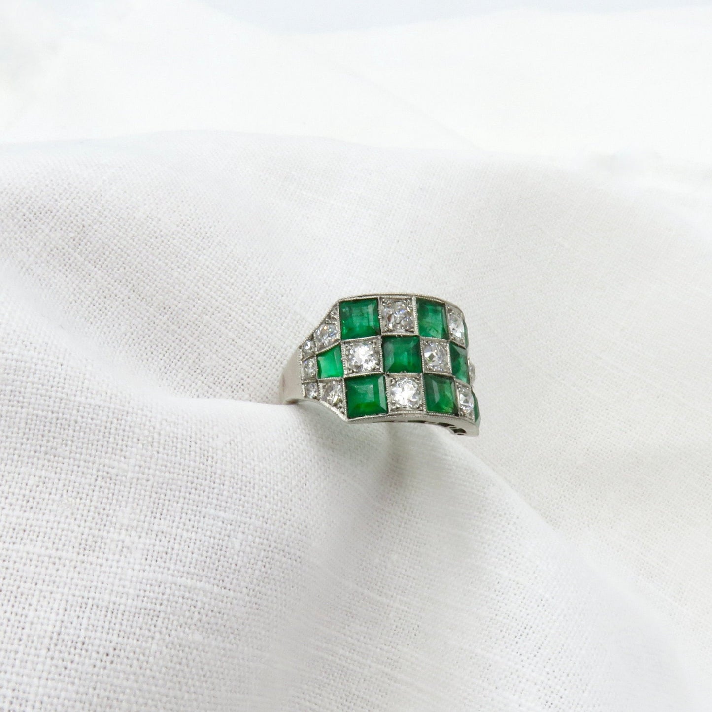 Circa 1930. Platinum Emerald Beryl and Diamond Ring