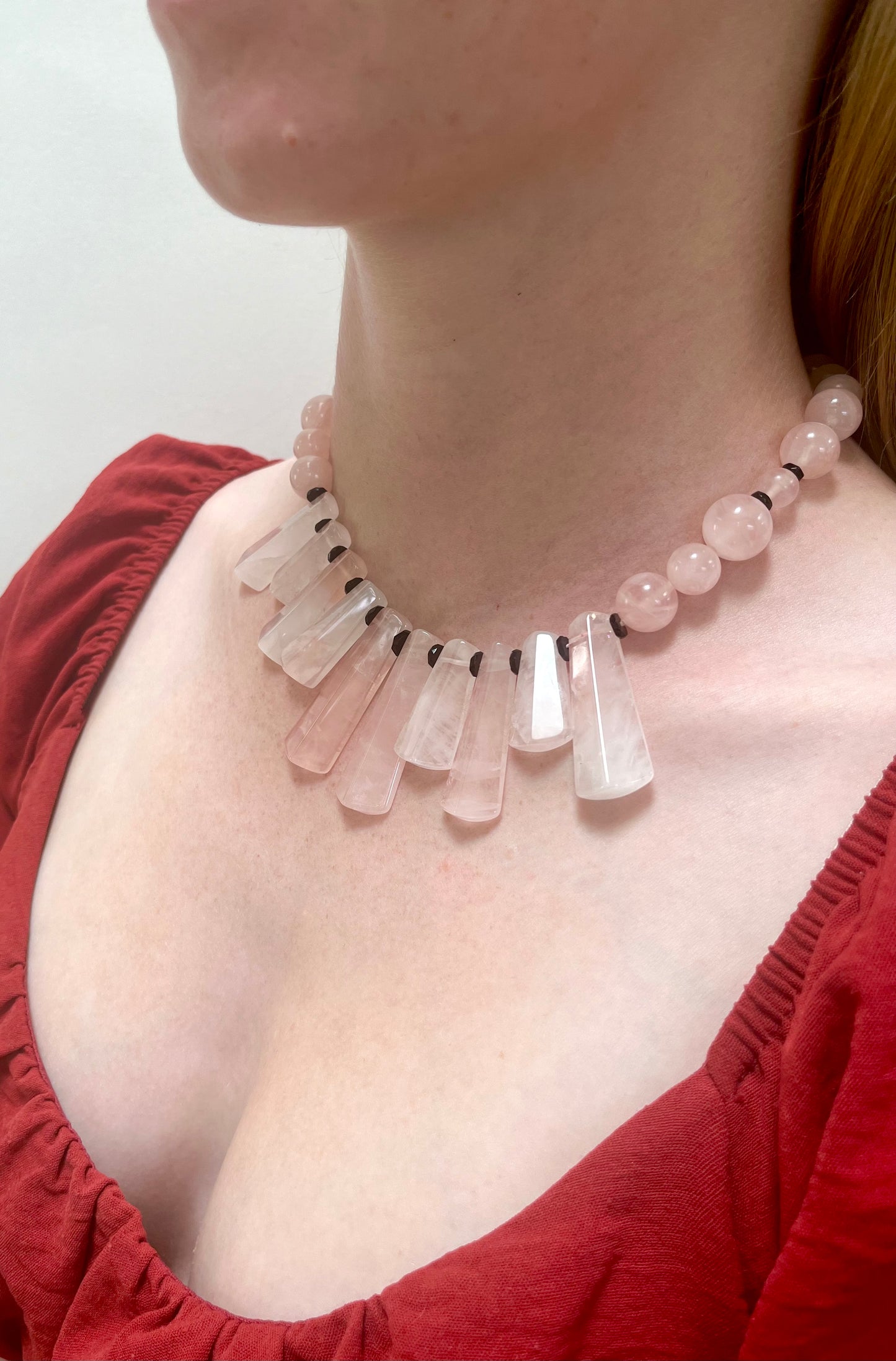 Circa 1930 Art Deco Rose Quartz and Onyx Necklace