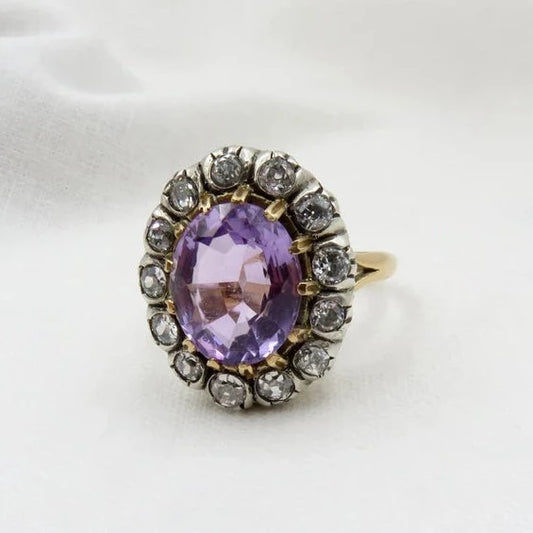 Circa 1900 Amethyst and Old European Cut Diamond Ring with Old Russian Gold Standard Mark