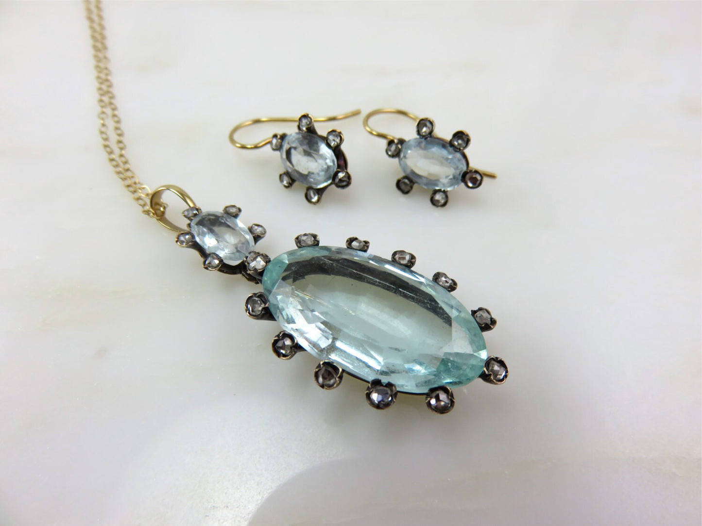 Circa Mid-Victorian Aquamarine and Rose Cut Diamond Pendant and Earring Set