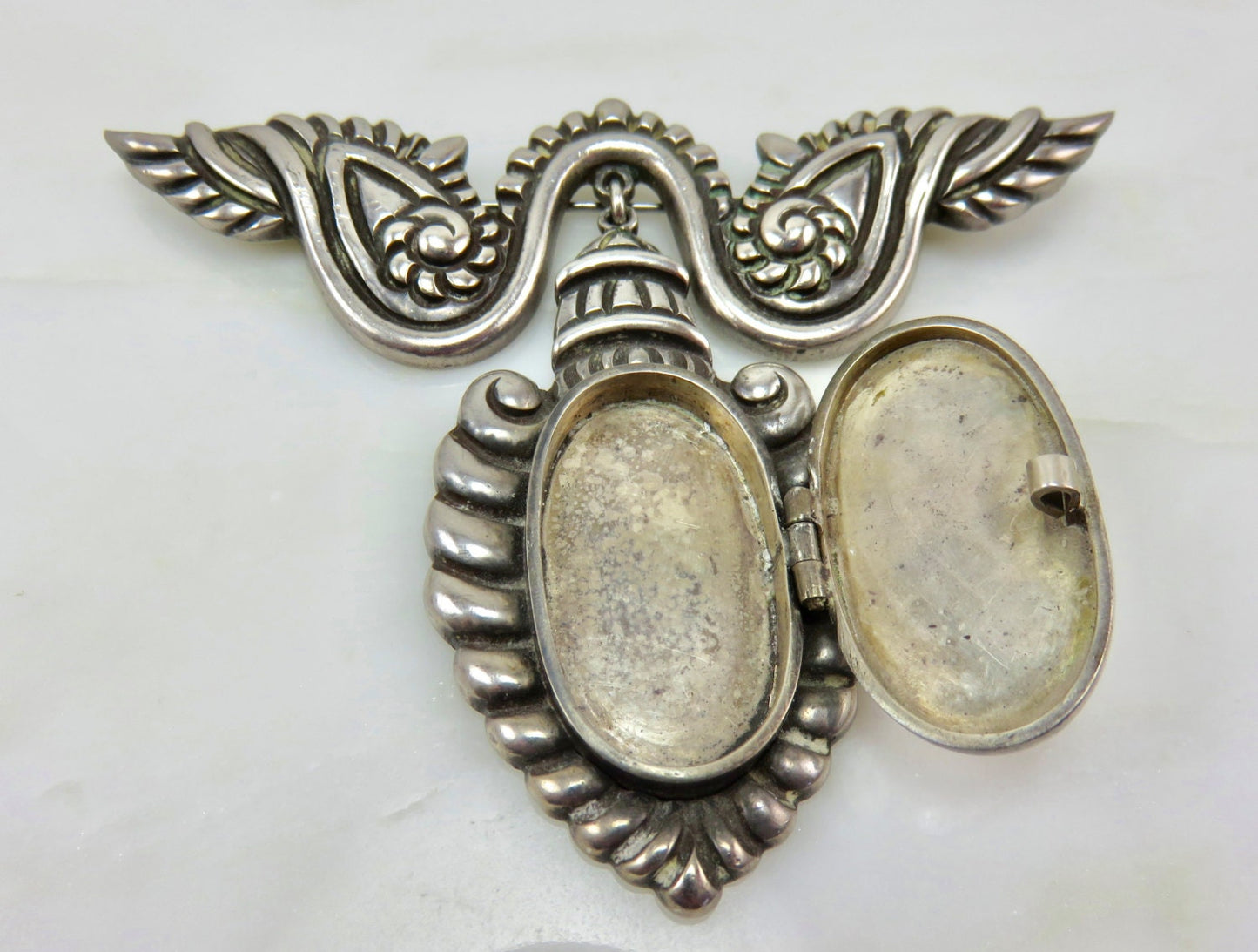 Circa 1940 Sterling Silver Made in Mexico Los Costillo Taxco Locket Brooch