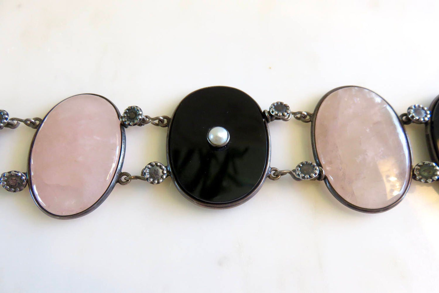 Circa 1930 Rose Quartz, Onyx and Pearl Link Bracelet