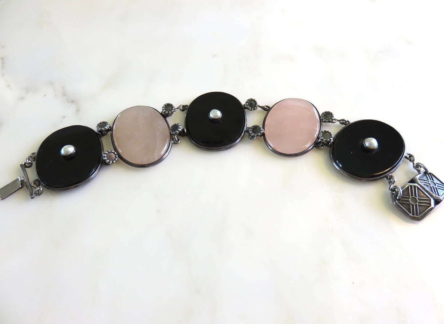 Circa 1930 Rose Quartz, Onyx and Pearl Link Bracelet