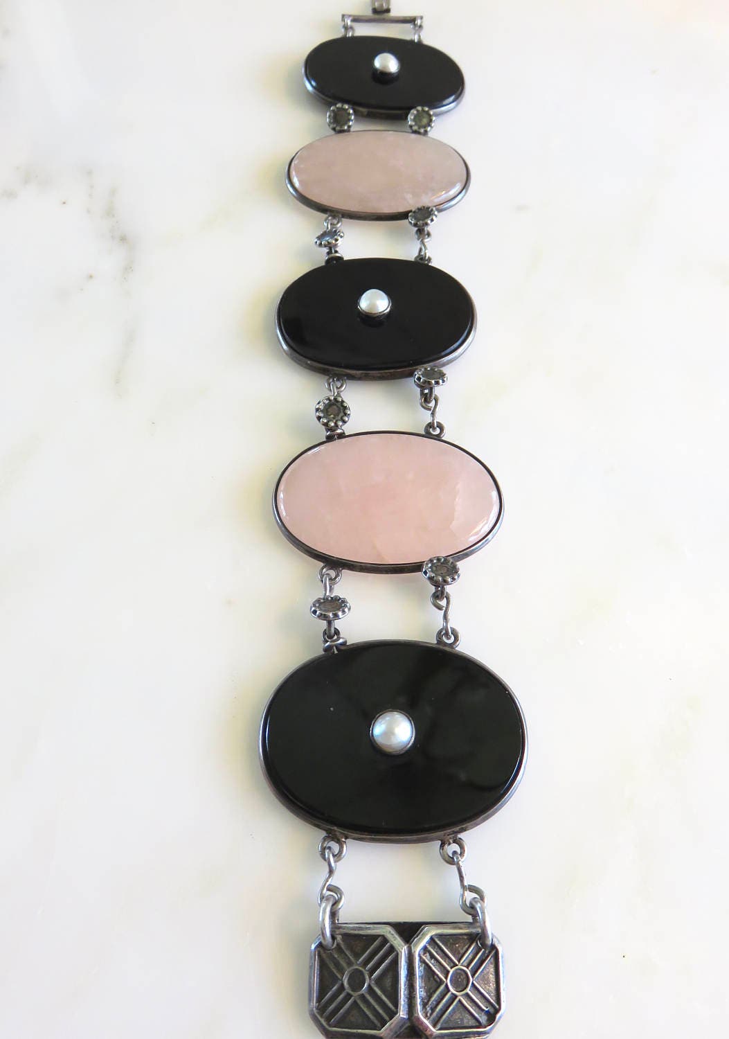 Circa 1930 Rose Quartz, Onyx and Pearl Link Bracelet