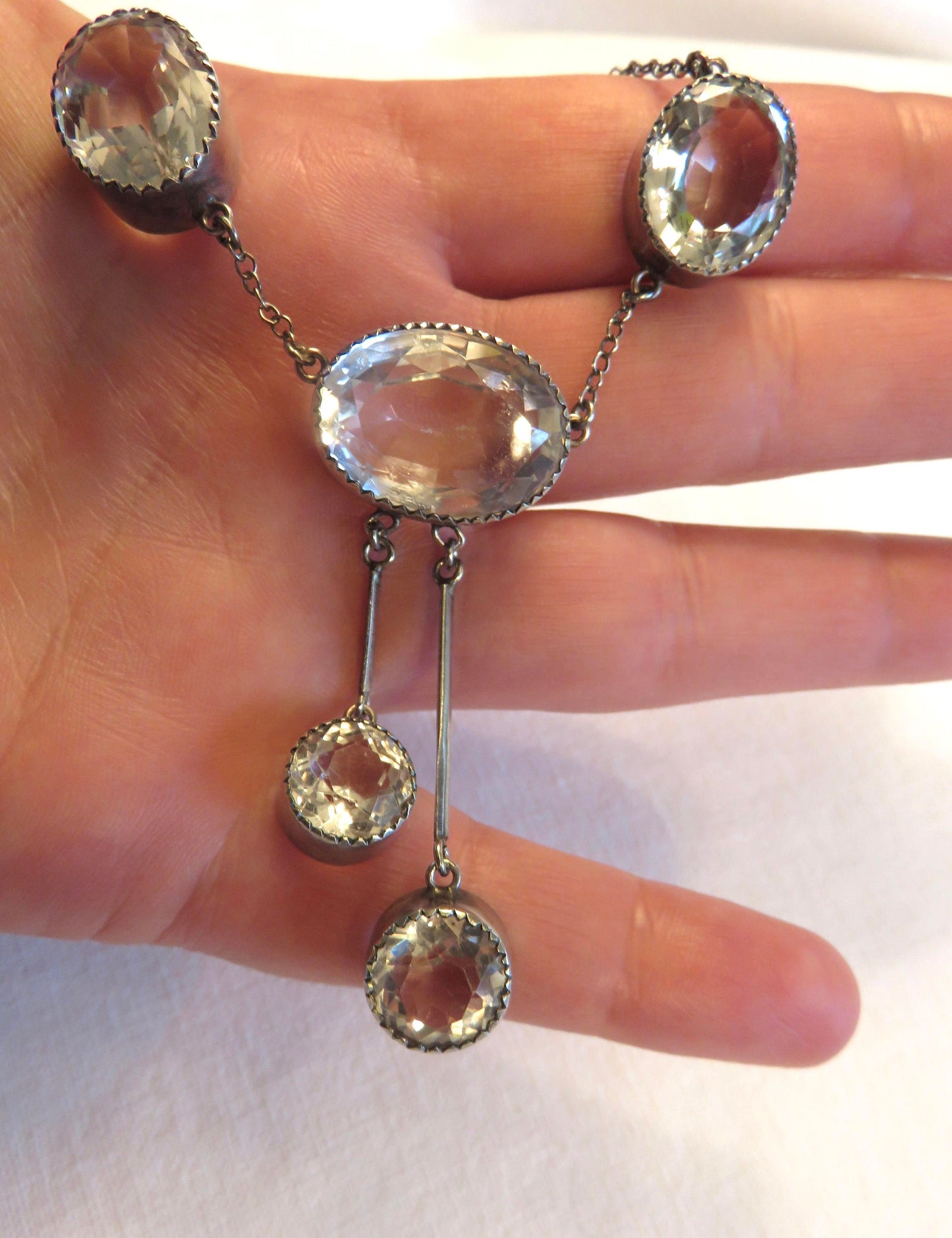 Art Deco Sale: Circa 1930.  Faceted Crystal and Sterling Silver Necklace