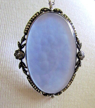 Circa 1920 Chalcedony and Marcasite Pendant Necklace Set in Sterling Silver