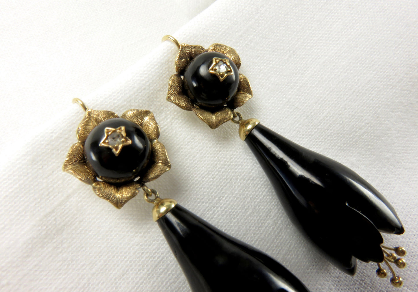 Circa 1900 Black Coral and Rose Gold Flower Earrings