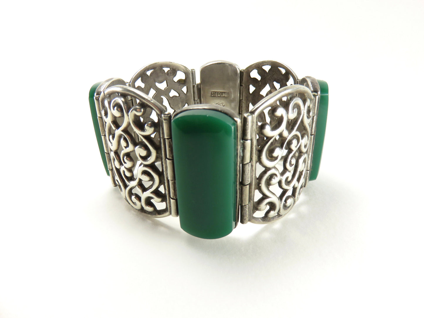 Circa 1940 Mexican Silver and Green Stone Link Bracelet