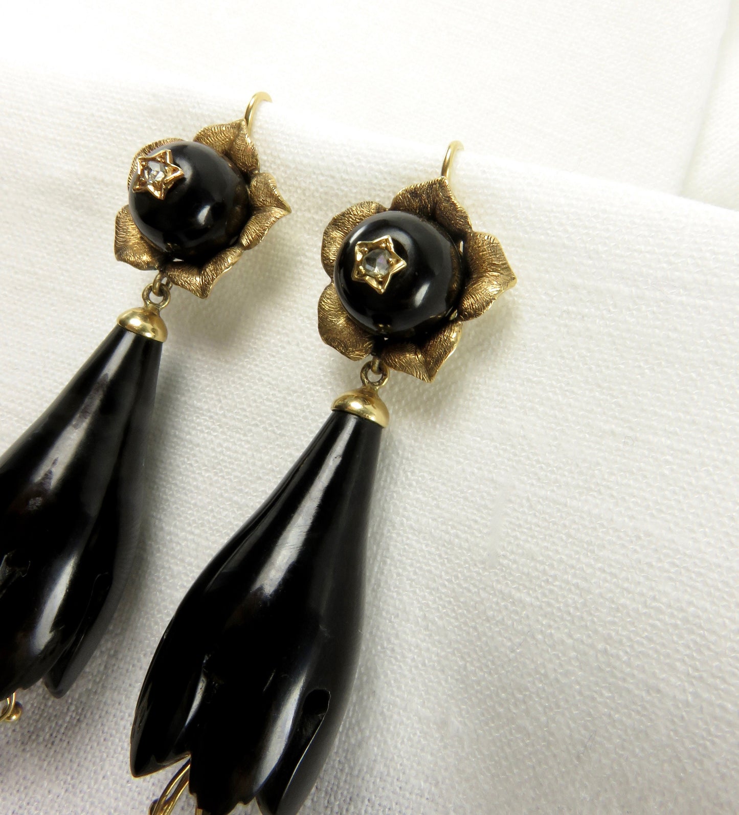 Circa 1900 Black Coral and Rose Gold Flower Earrings