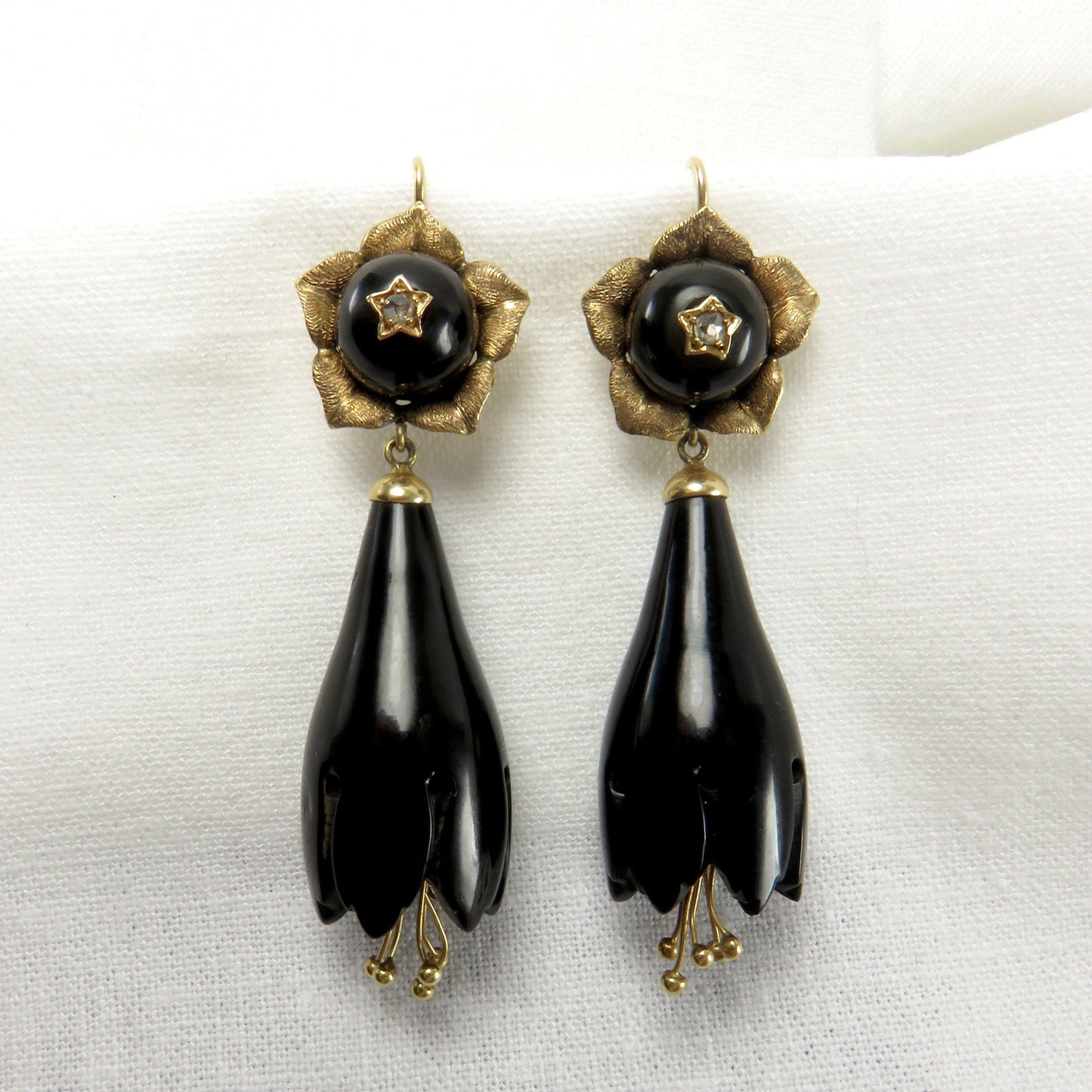 Circa 1900 Black Coral and Rose Gold Flower Earrings