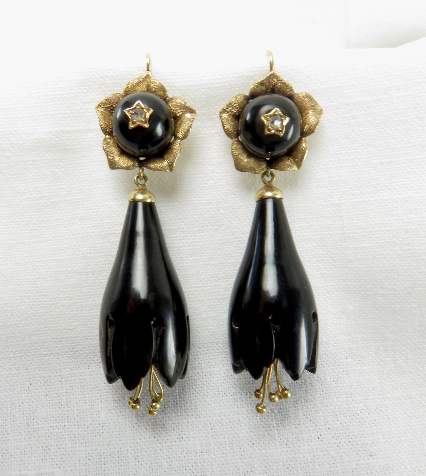 Circa 1900 Black Coral and Rose Gold Flower Earrings