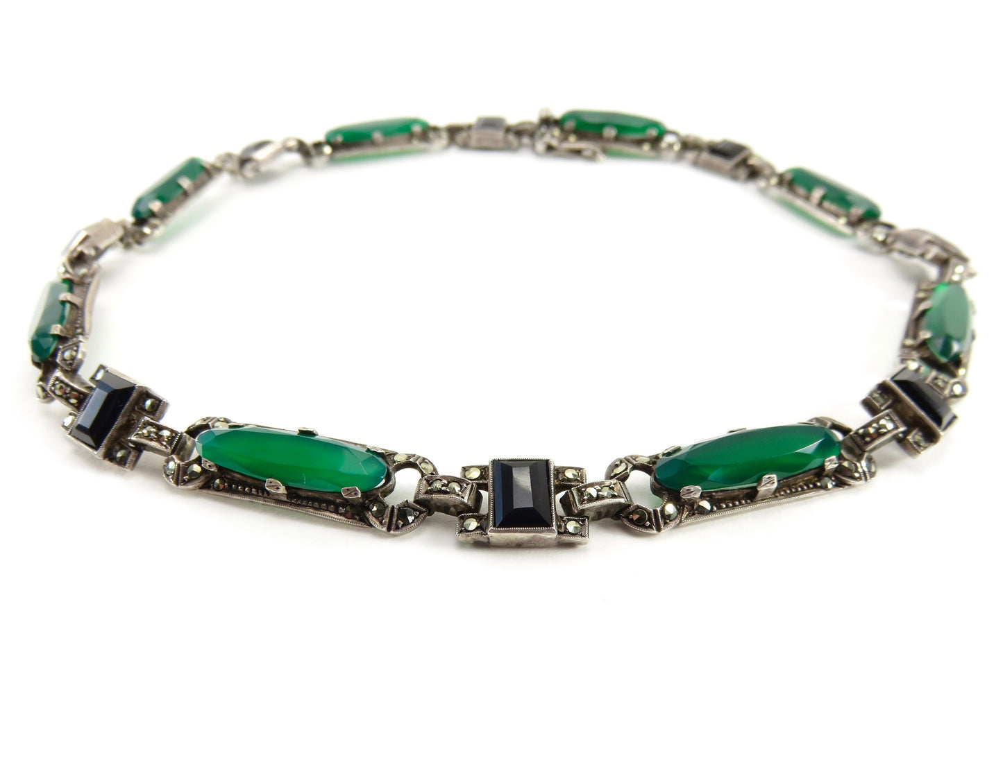 Circa 1930.  Sterling Silver, Chrysoprase, Onyx and Marcasite Art Deco Necklace by Jewelry Designer Theodor Fahrner.