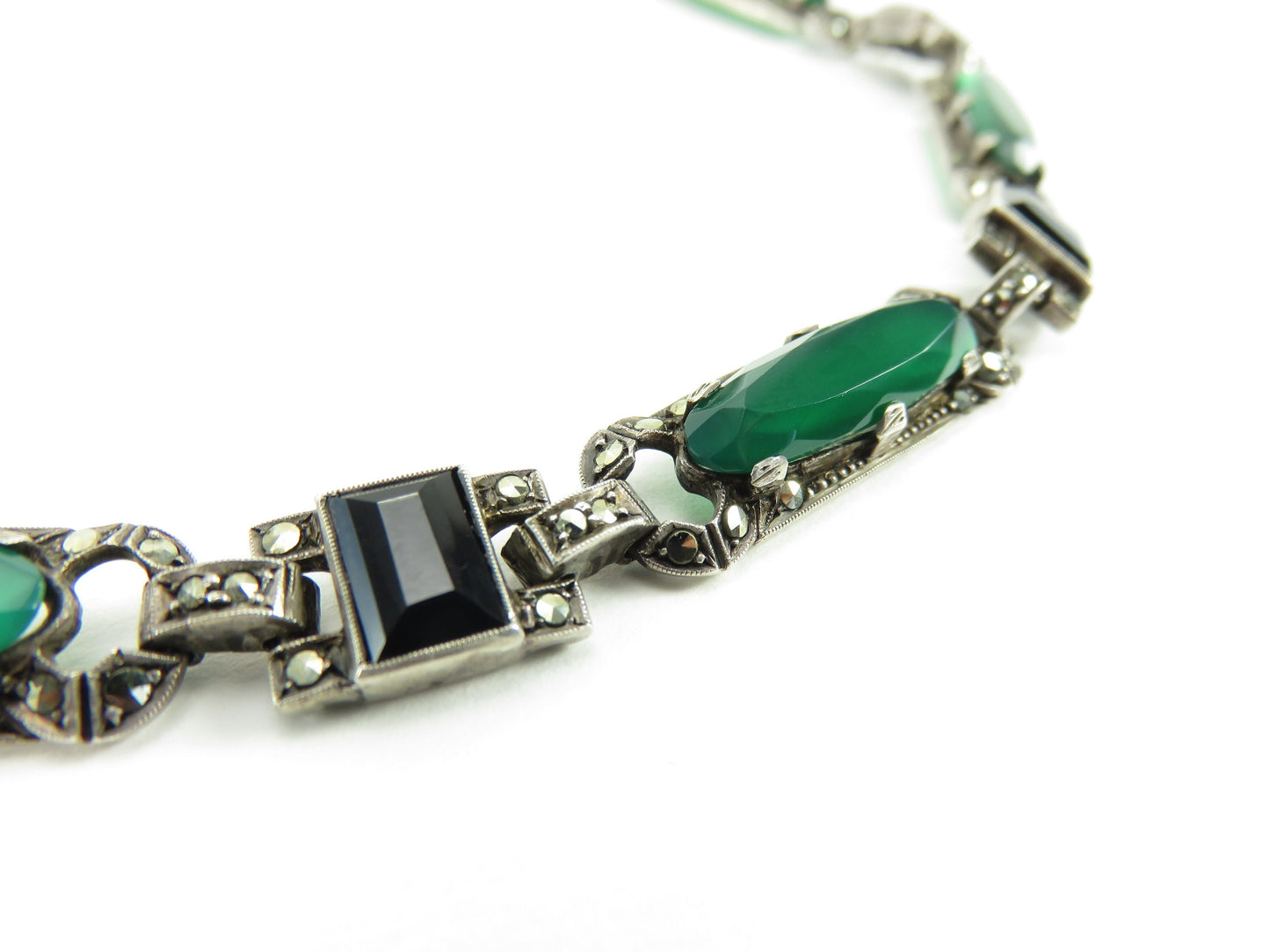 Circa 1930.  Sterling Silver, Chrysoprase, Onyx and Marcasite Art Deco Necklace by Jewelry Designer Theodor Fahrner.