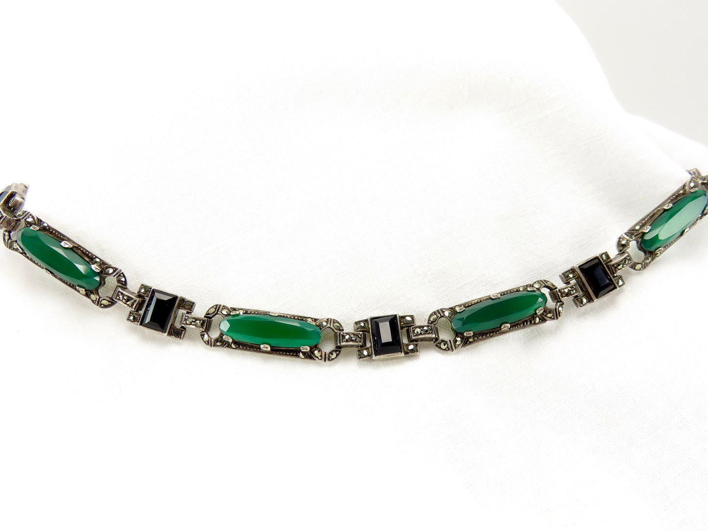 Circa 1930.  Sterling Silver, Chrysoprase, Onyx and Marcasite Art Deco Necklace by Jewelry Designer Theodor Fahrner.