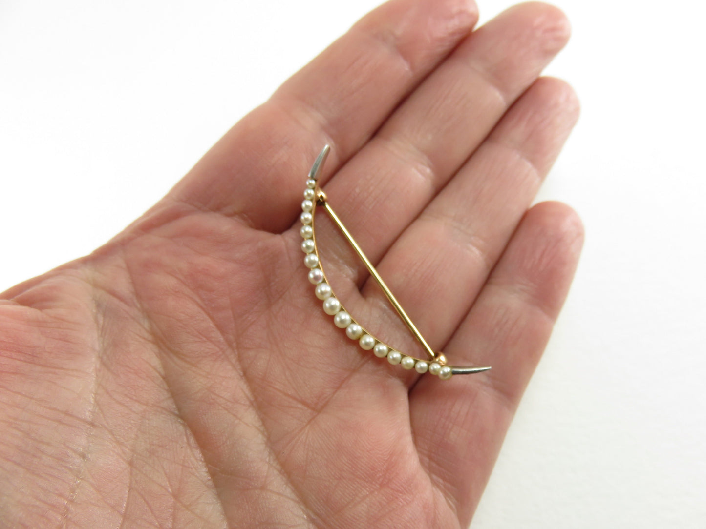 Circa 1880.  Victorian 14kt and Pearls Crescent Moon Pin