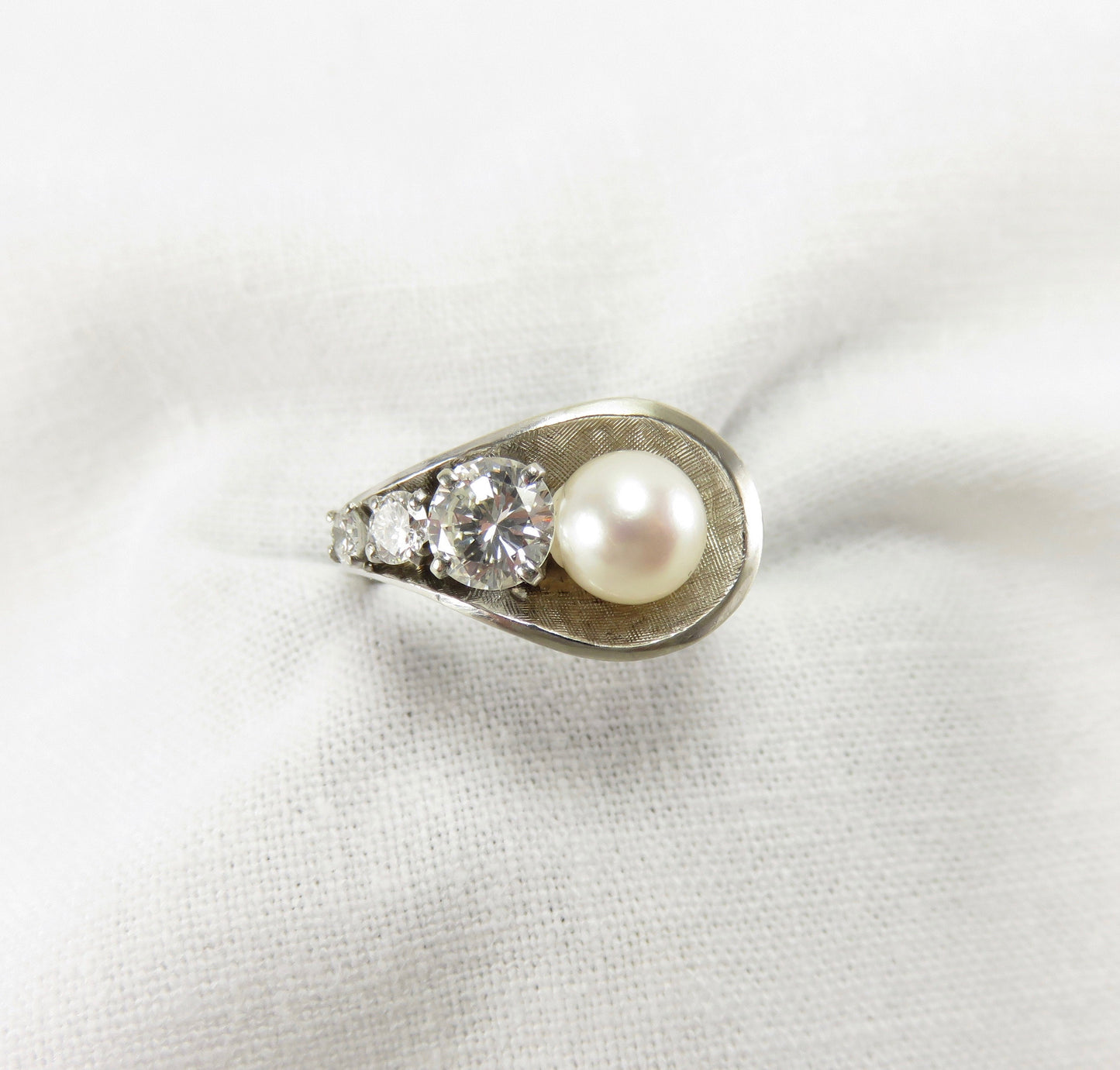 Circa 1950. Pearl and Diamond 14kt White Gold Ring