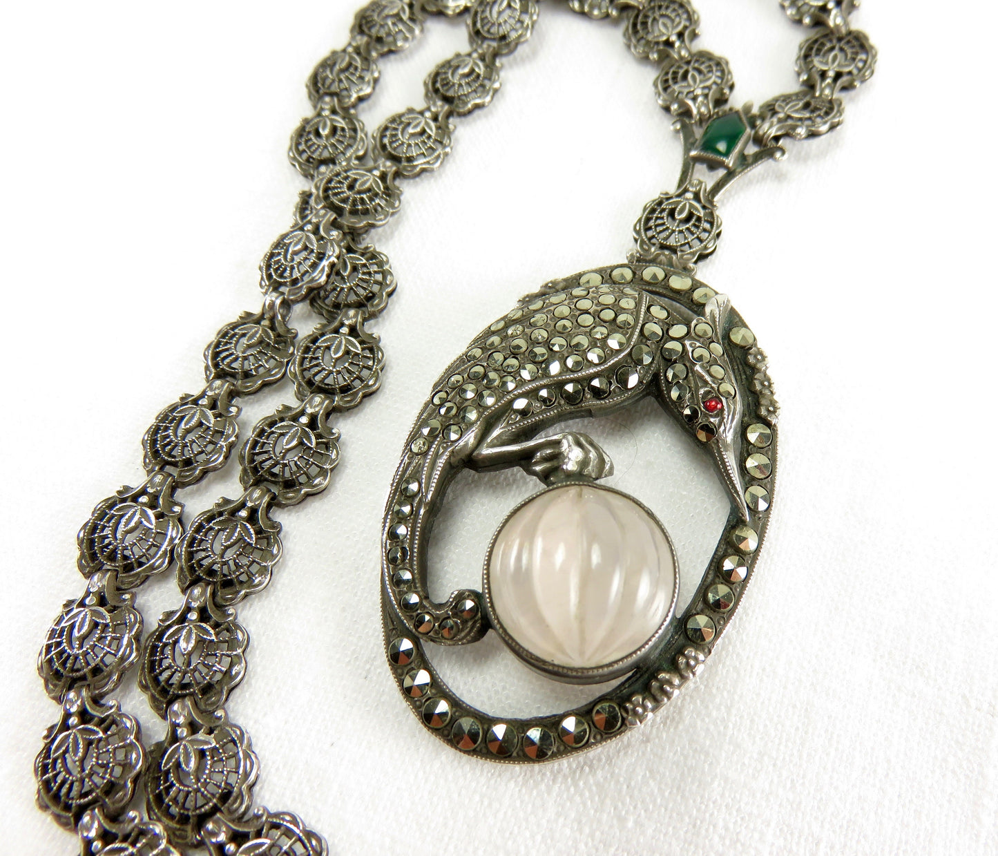 Circa 1930.  Silver and Marcasite Bird Pendant