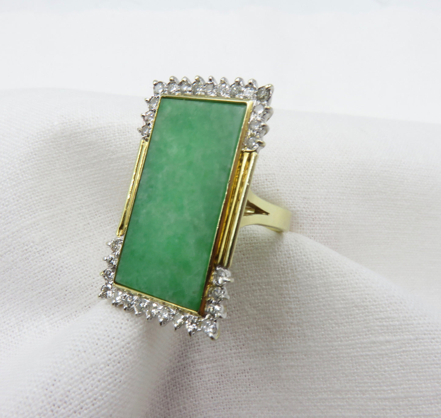 Circa 1960. Natural Jadeite Jade and Diamond Ring