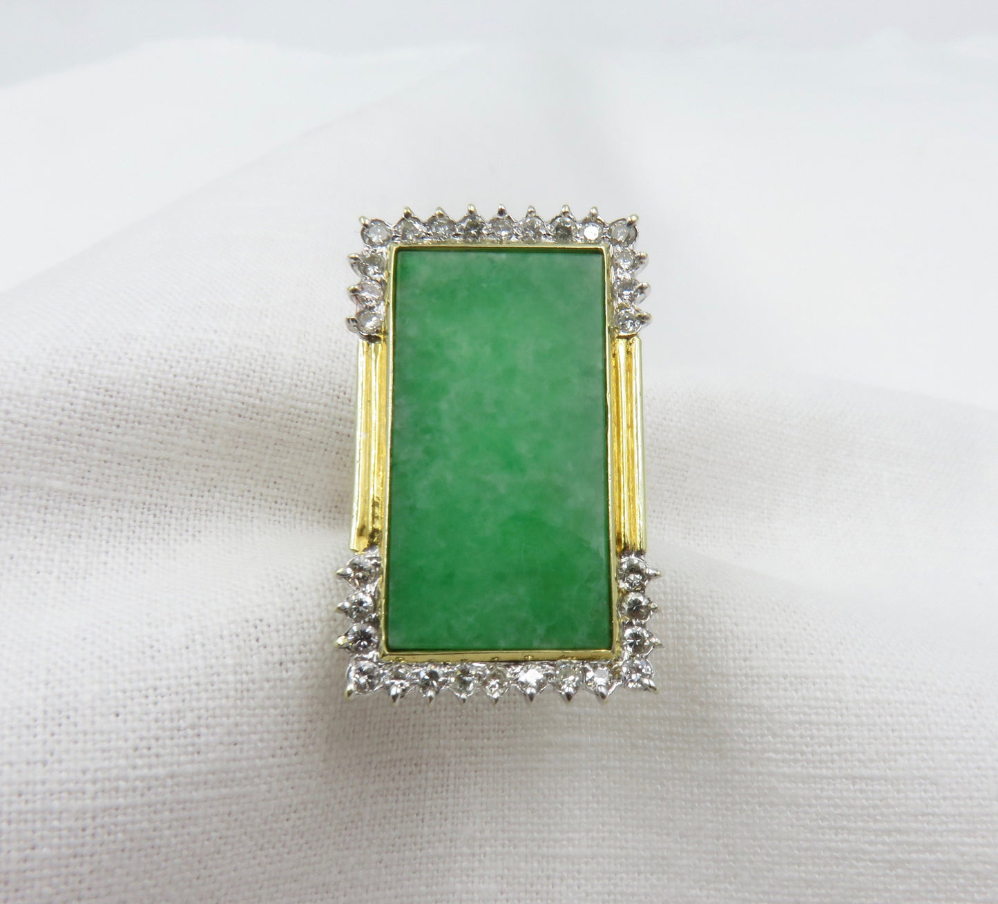 Circa 1960. Natural Jadeite Jade and Diamond Ring