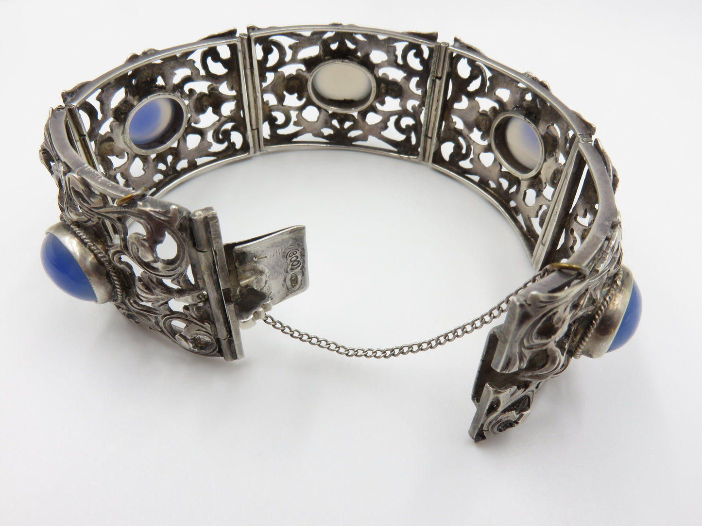 Circa 1910.  Silver Filigree and Chalcedony Link Bracelet