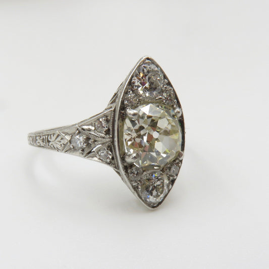 Circa 1915 Edwardian platinum and diamond ring set with GIA cert. 1.52 carat Old Mine Cut Diamond