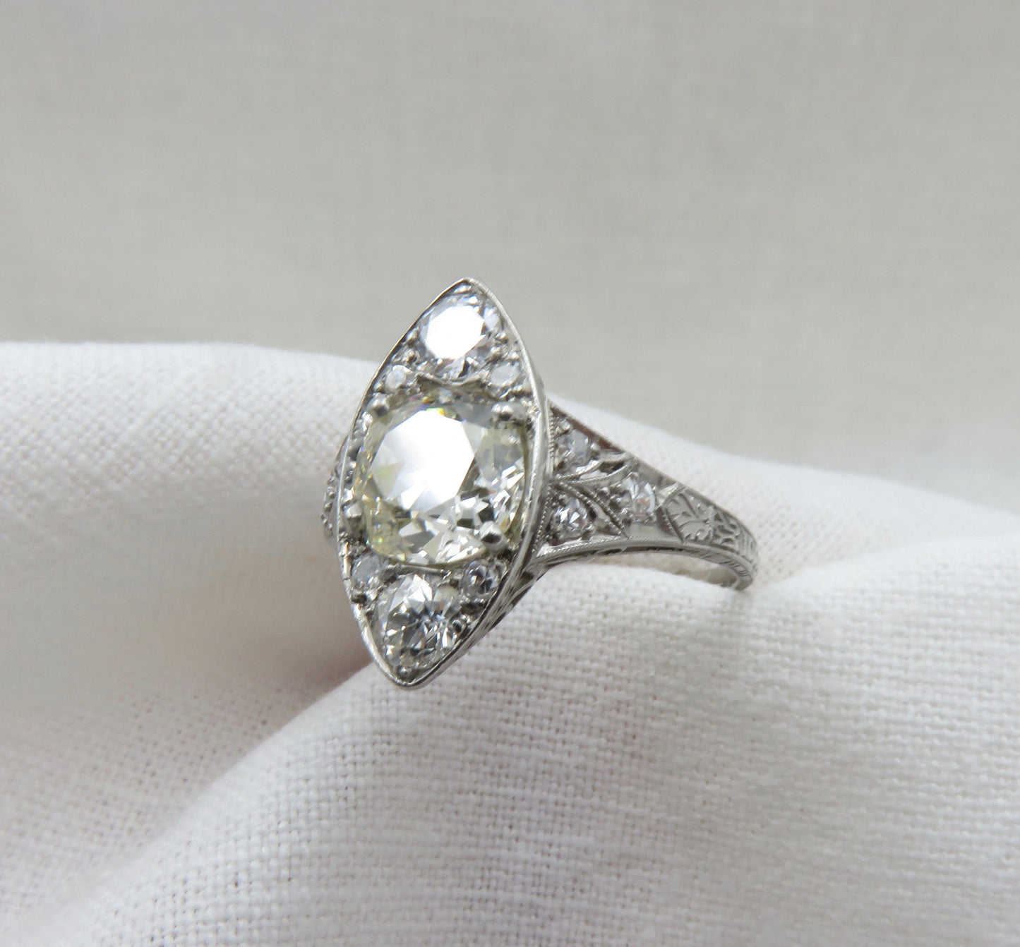 Circa 1915 Edwardian platinum and diamond ring set with GIA cert. 1.52 carat Old Mine Cut Diamond