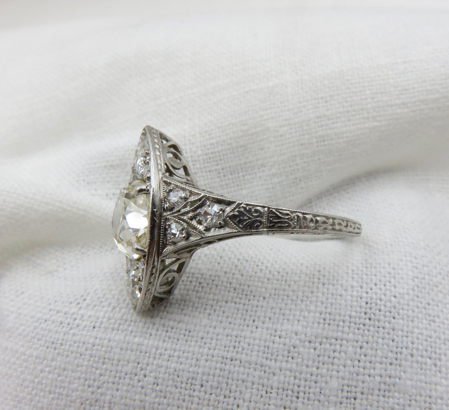 Circa 1915 Edwardian platinum and diamond ring set with GIA cert. 1.52 carat Old Mine Cut Diamond