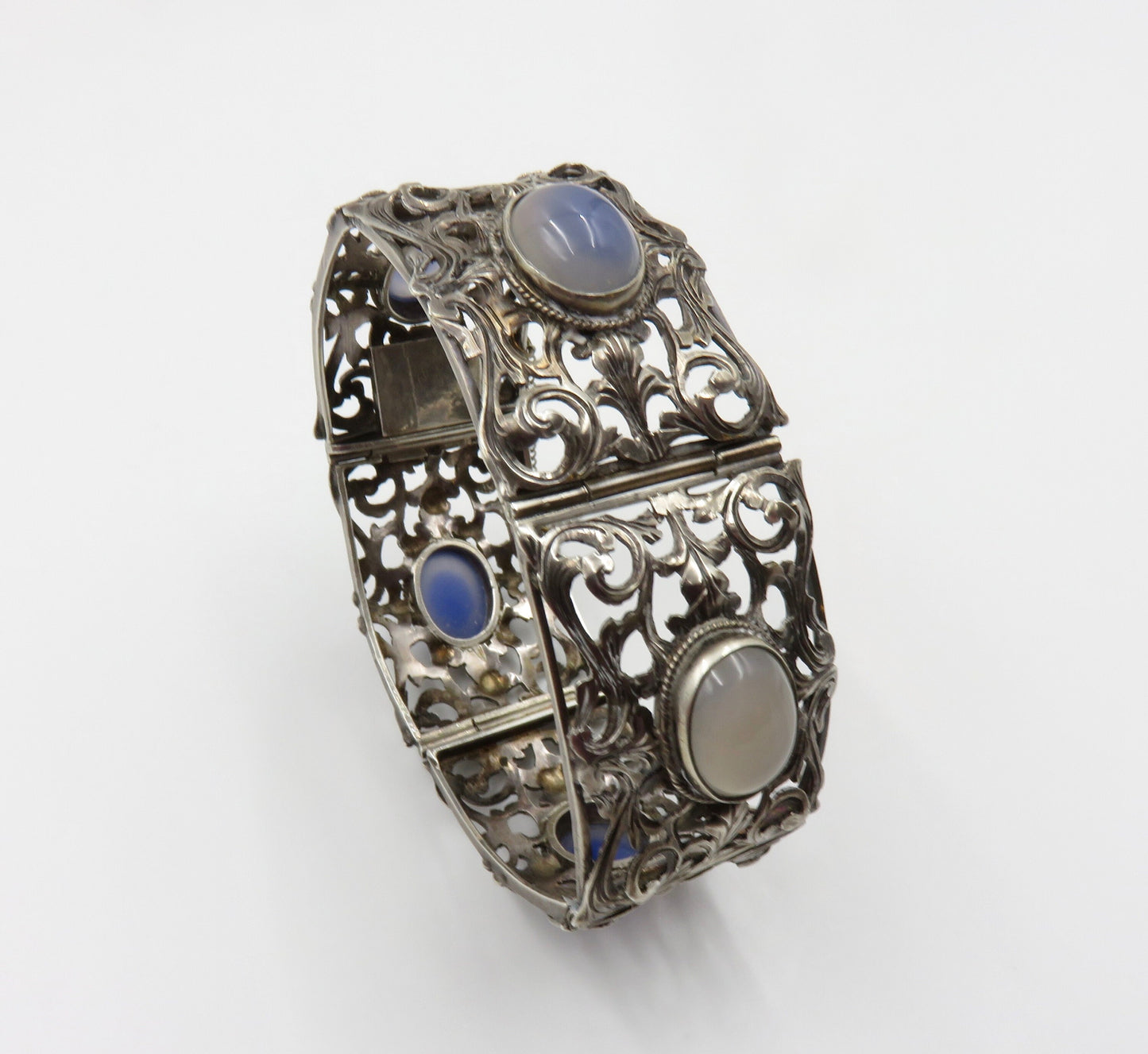 Circa 1910.  Silver Filigree and Chalcedony Link Bracelet