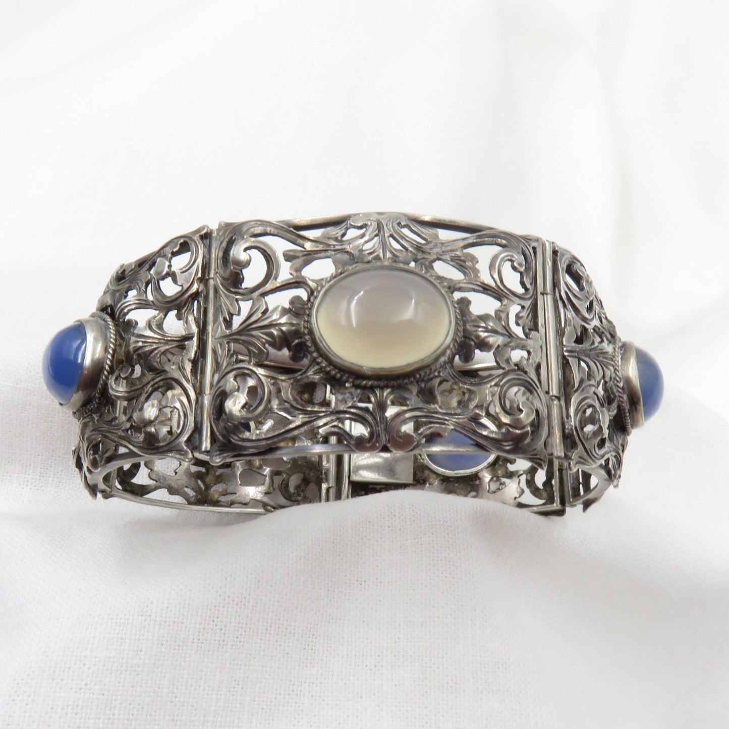 Circa 1910.  Silver Filigree and Chalcedony Link Bracelet