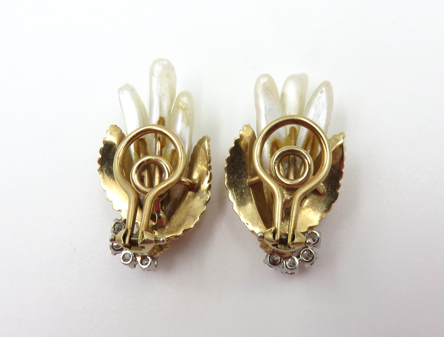 Mid Century 14KT Gold Leaf Design Earrings with Baroque Freshwater Pearl and Brilliant Cut Diamonds