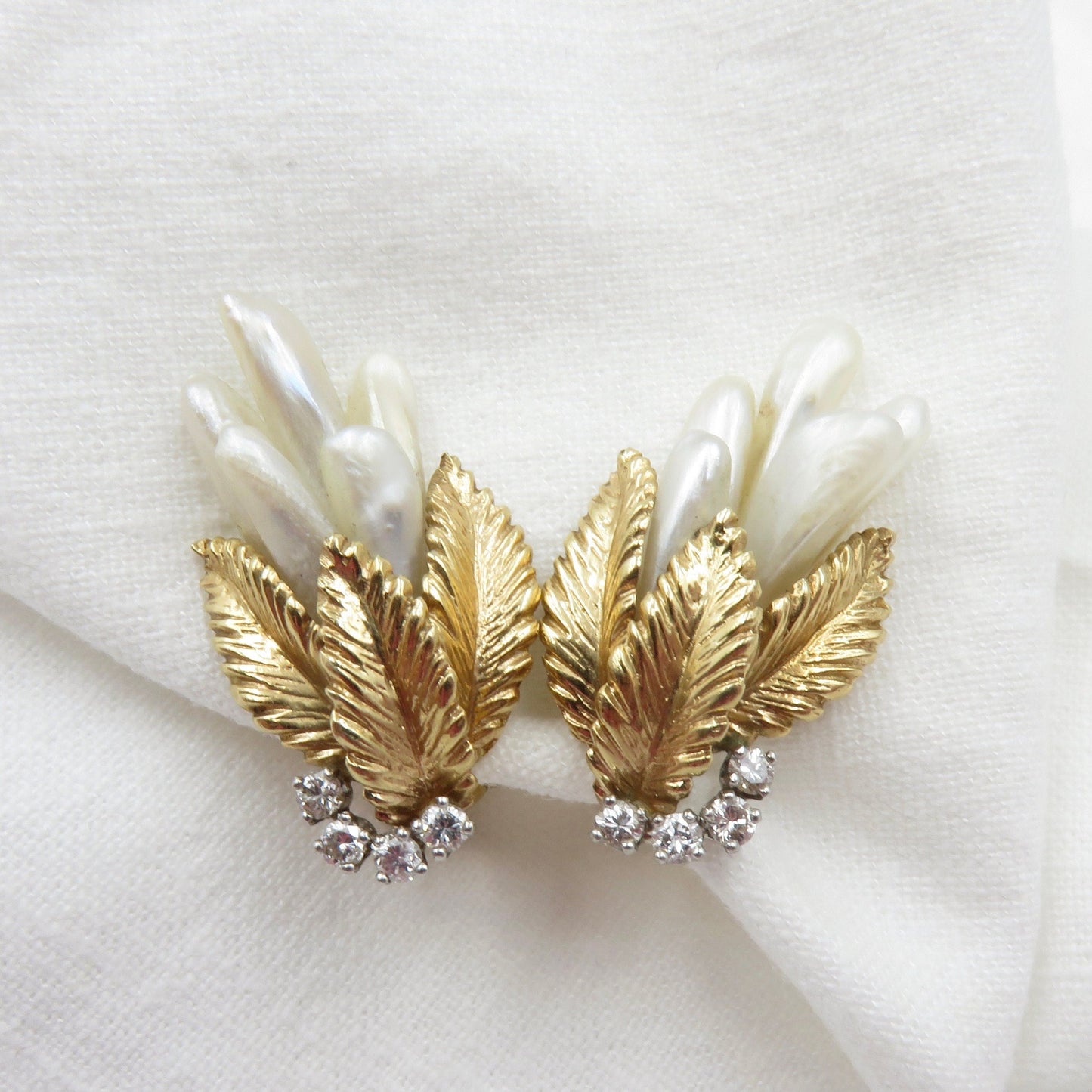 Mid Century 14KT Gold Leaf Design Earrings with Baroque Freshwater Pearl and Brilliant Cut Diamonds