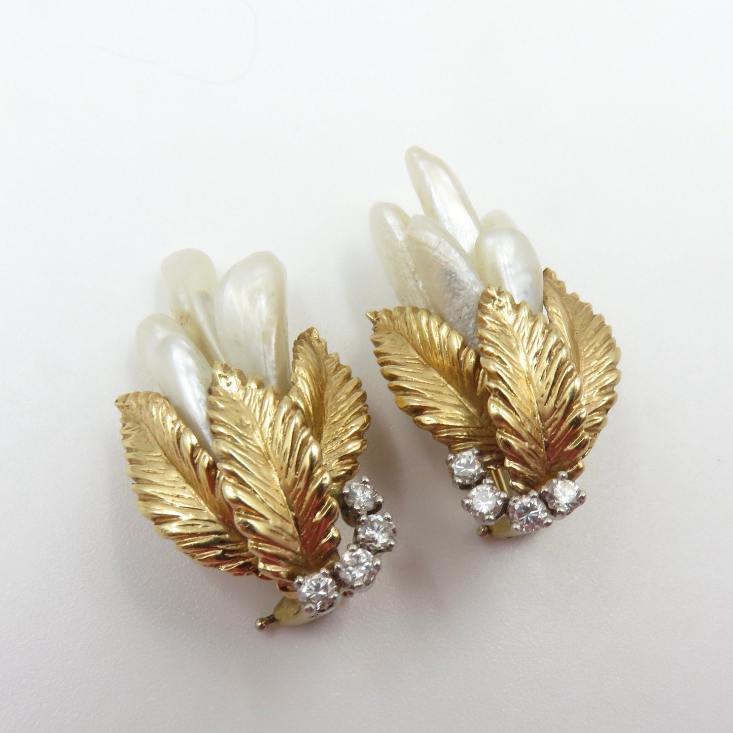 Mid Century 14KT Gold Leaf Design Earrings with Baroque Freshwater Pearl and Brilliant Cut Diamonds