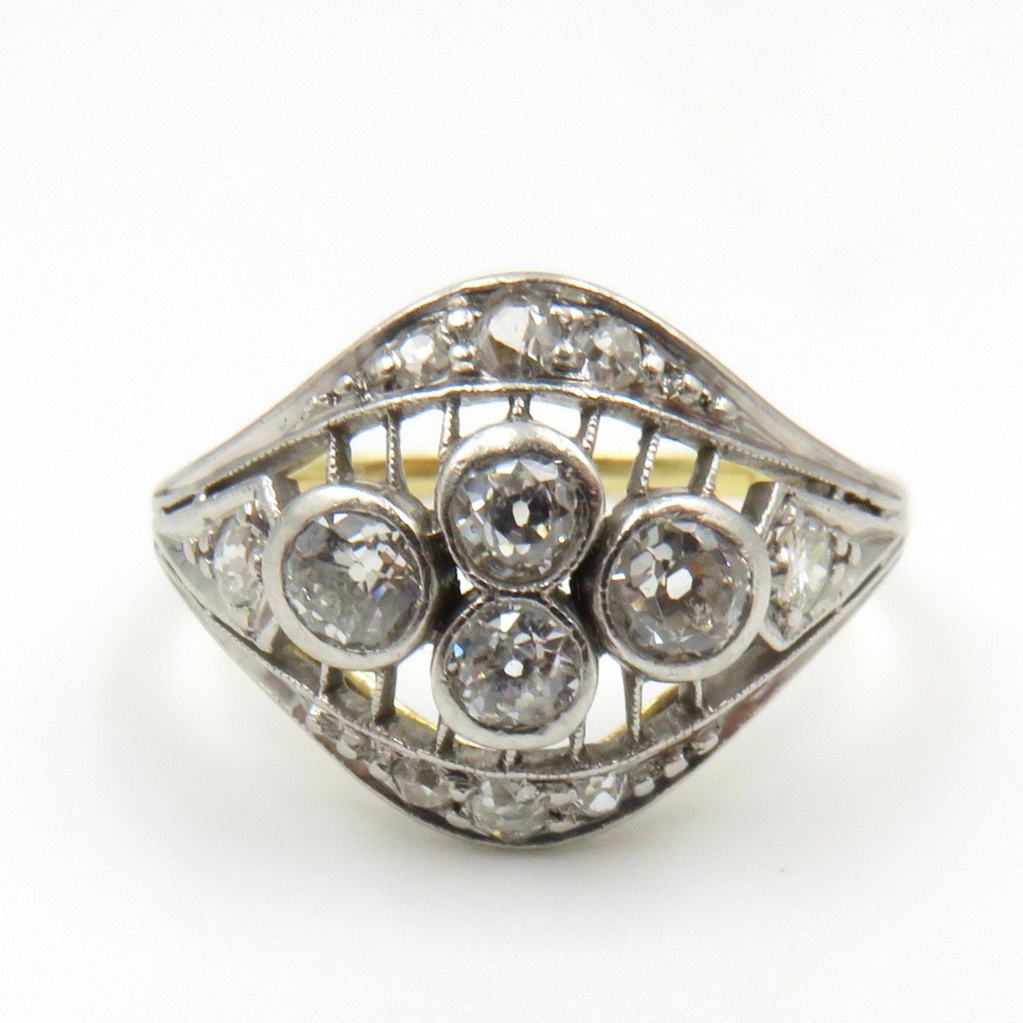 Circa 1910 18KT Gold and Platinum ring set with Old European Cut Diamonds