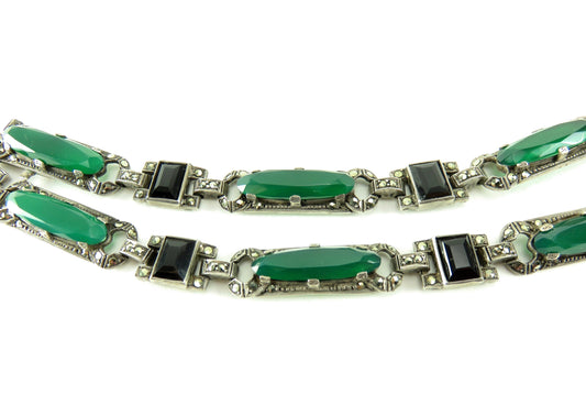 Circa 1930.  Sterling Silver, Chrysoprase, Onyx and Marcasite Art Deco Necklace by Jewelry Designer Theodor Fahrner.