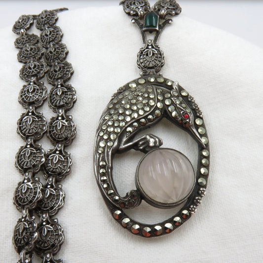 Circa 1930.  Silver and Marcasite Bird Pendant