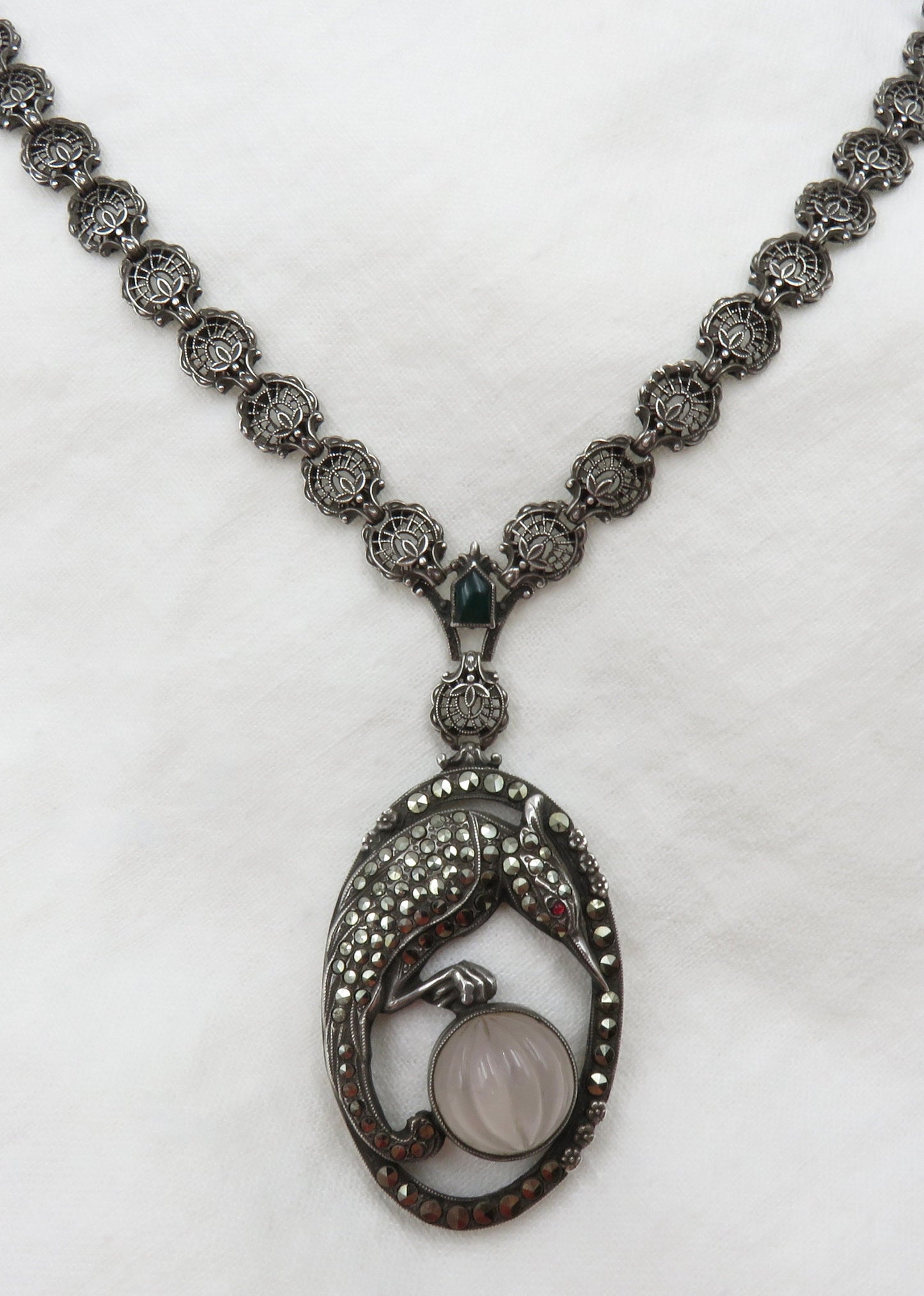 Circa 1930.  Silver and Marcasite Bird Pendant