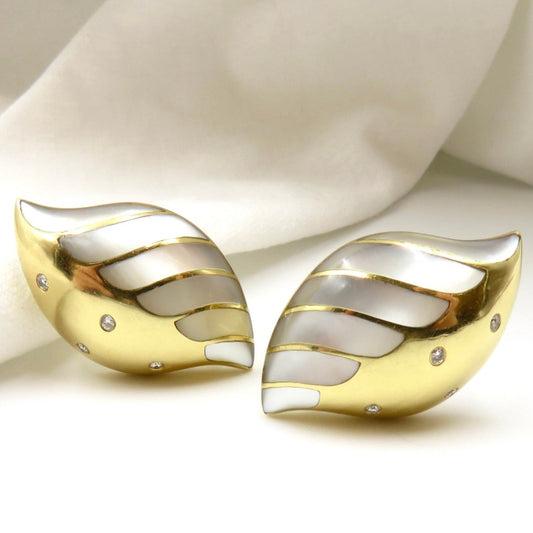 18KT Gold, Diamond and Mother of Pearl Leaf Earrings