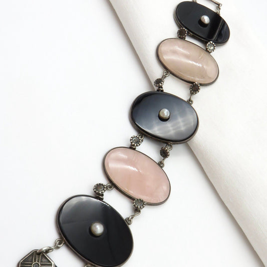 Circa 1930 Rose Quartz, Onyx and Pearl Link Bracelet