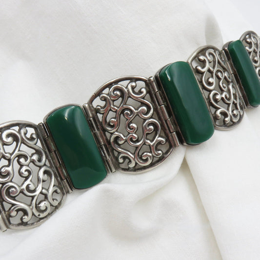 Circa 1940 Mexican Silver and Green Stone Link Bracelet