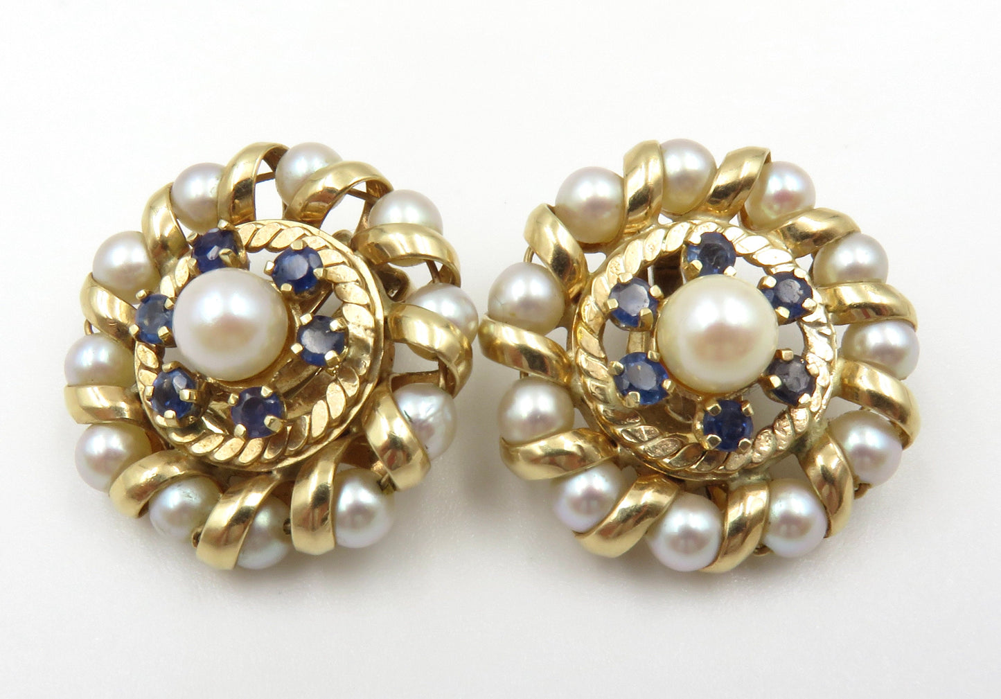 Circa 1950's 14kt Cultured Pearl and Sapphire Earrings