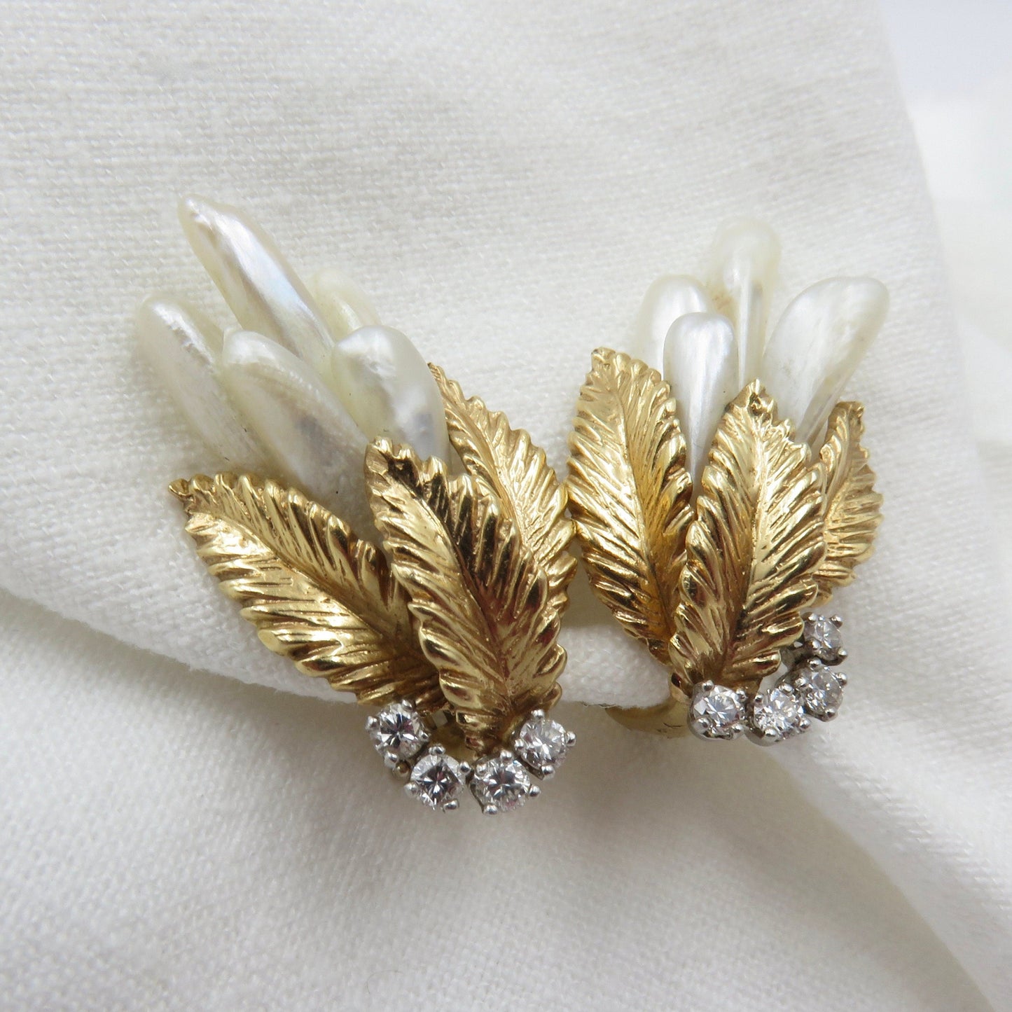 Mid Century 14KT Gold Leaf Design Earrings with Baroque Freshwater Pearl and Brilliant Cut Diamonds