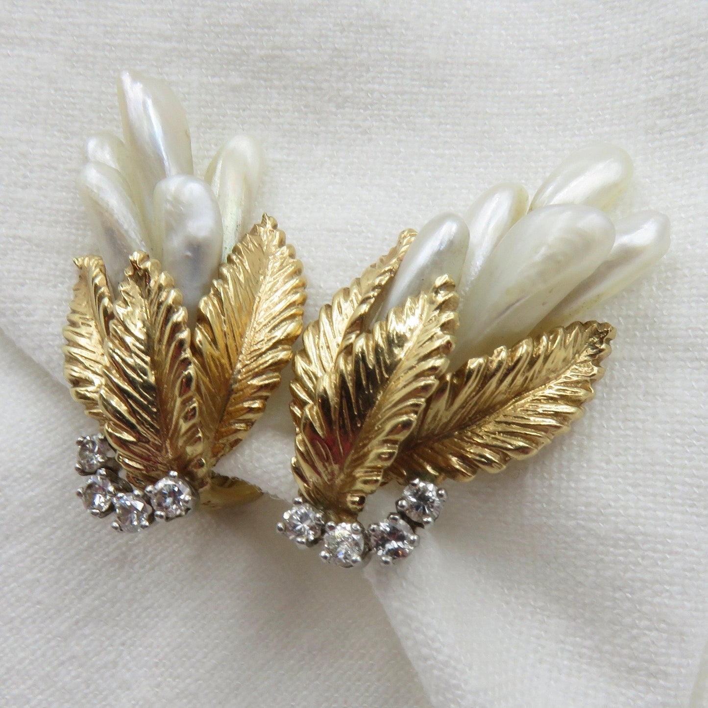 Mid Century 14KT Gold Leaf Design Earrings with Baroque Freshwater Pearl and Brilliant Cut Diamonds