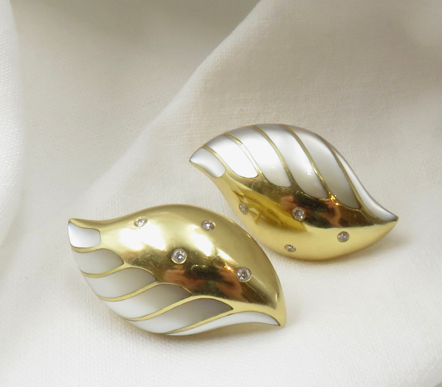 18KT Gold, Diamond and Mother of Pearl Leaf Earrings